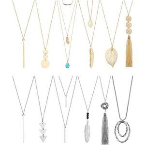 12 Pieces Long Pendant Necklace Set Y Tassel Leaf Circle Bar Necklace for Women